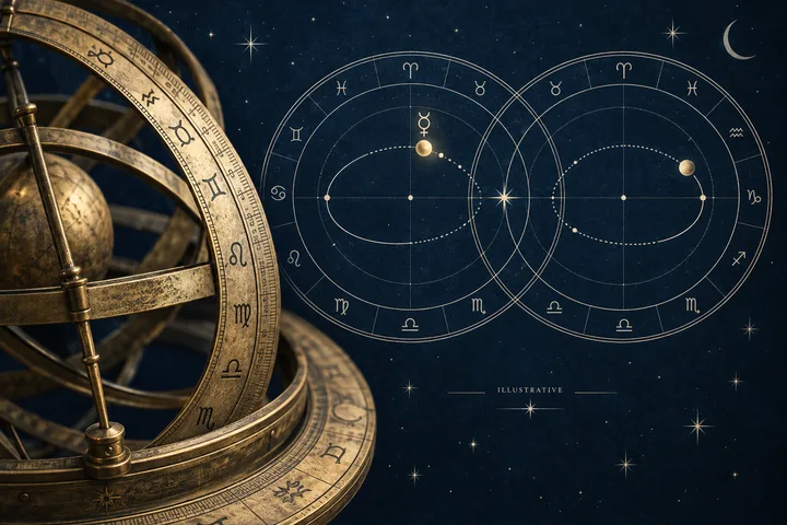 A brass armillary sphere beside two overlapping circular star charts with zodiac symbols and small planetary markers against a dark starry background.