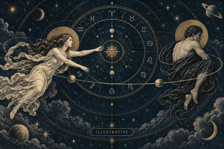 Illustrative synastry scene with two figures reaching across a zodiac wheel, symbolizing closeness and personal space.