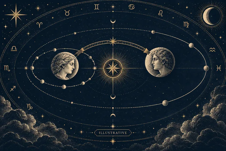 Illustrative chart artwork showing two celestial figures within shared orbital rings, for comparing emotional needs in synastry.