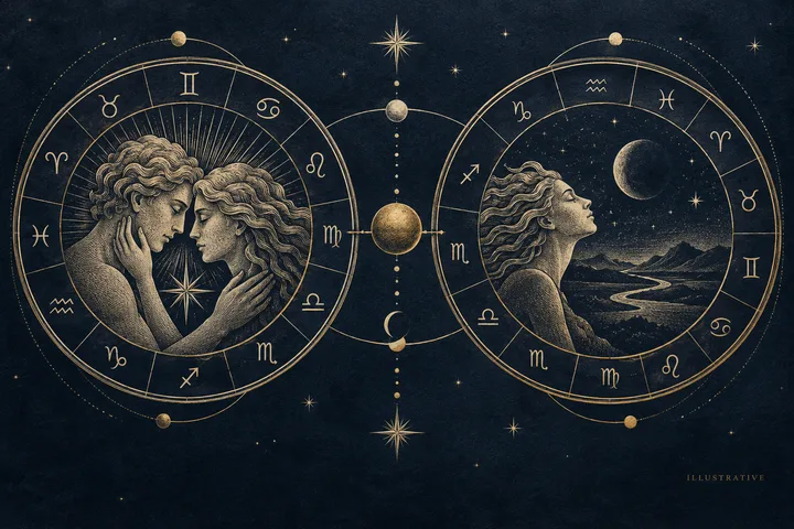 Illustrative paired zodiac circles showing intimacy and independence as separate layers in a synastry reading.