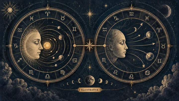 Illustrative twin chart wheels with planets and arrows, showing how synastry contacts can guide timing and reconnection.