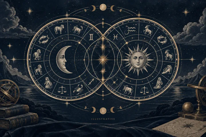Illustrative synastry chart with two overlapping zodiac wheels, Sun and Moon symbols, and a starry sky.