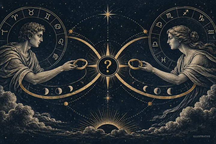 Illustrative couple holding linked rings beneath two zodiac wheels and a central question mark.