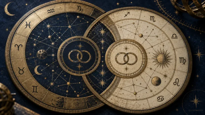 Illustrative close-up of two overlapping zodiac charts with planetary symbols and interlocking rings.