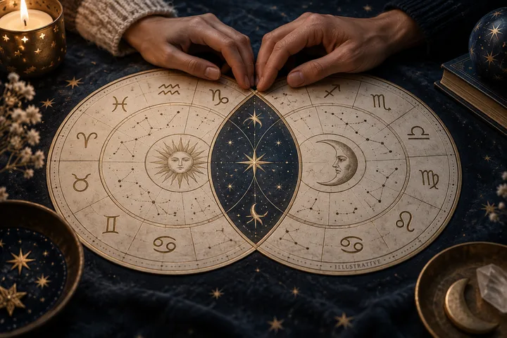 Illustrative hands meeting over two overlapping zodiac charts with Sun and Moon symbols.