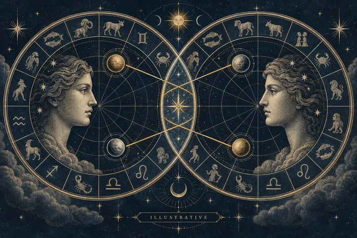 Two overlapping circular star charts show facing profile portraits, zodiac symbols, and planets connected by gold lines; a small plaque reads “Illustrative.”