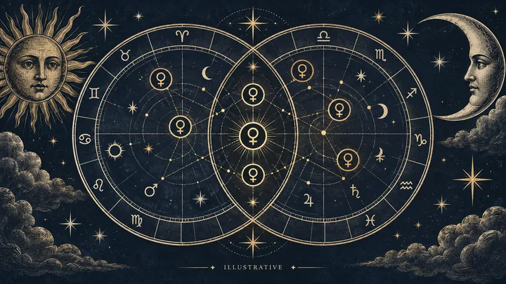 Engraved-style illustration of two overlapping circular star charts with repeated Venus-like symbols, surrounded by stars, clouds, a sun face, and a crescent moon.