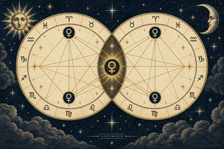 Two cream-colored circular star charts overlap around a central glowing Venus-like symbol, with matching symbols and connecting lines inside each chart.