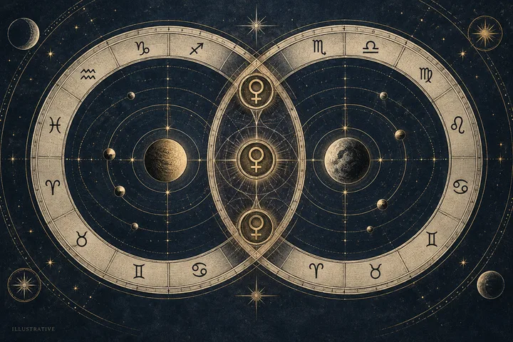 Two overlapping dark circular diagrams show planets on orbital rings, with three glowing Venus-like symbols in the center and zodiac symbols around the edges.
