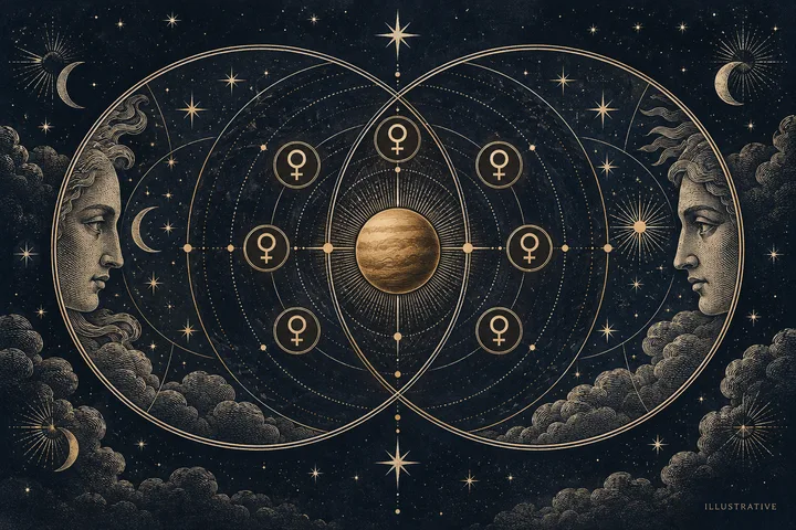 Two overlapping star-chart circles surround a large golden planet, with repeated Venus-like symbols along the orbital lines and profile faces at both sides.