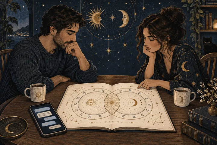 Editorial illustration accompanying: How should a couple use a synastry report after a misunderstanding in text messages?