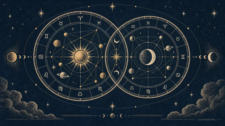 Illustrative brass synastry lines cross a midnight-blue zodiac wheel, with two chart perspectives meeting on equal footing.