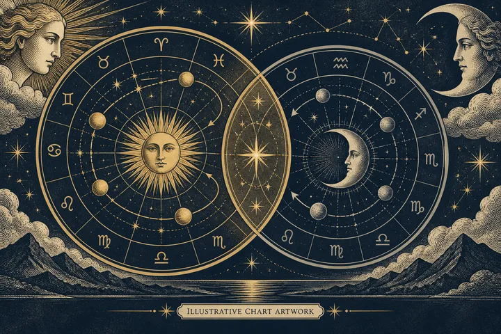 Illustrative Sun and Moon symbols appear in two overlapping zodiac wheels, showing different chart perspectives meeting in synastry.