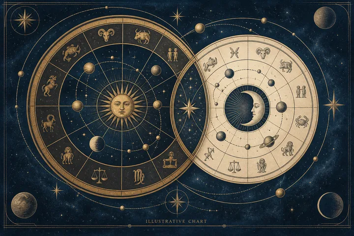 Illustrative overlapping zodiac wheels pair a Sun chart with a Moon chart, showing two perspectives joined by shared synastry lines.
