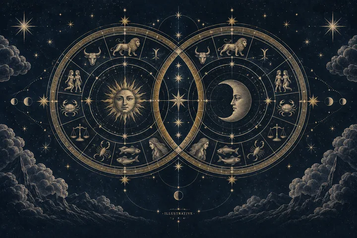 Two overlapping gold circular star charts on a dark blue starry background, with a sun face in one circle, a crescent moon face in the other, small figures and symbols around the rings, and clouds along the edges.