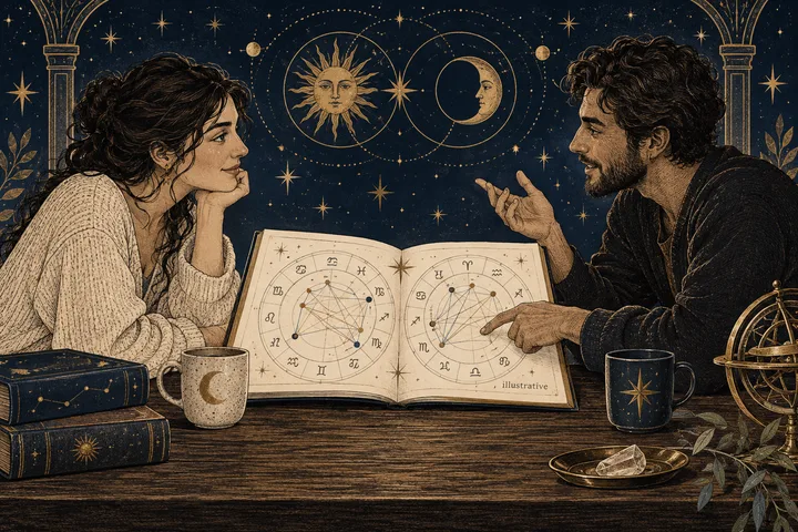 Editorial illustration accompanying: How can you use a synastry report as a conversation prompt instead of a relationship verdict?
