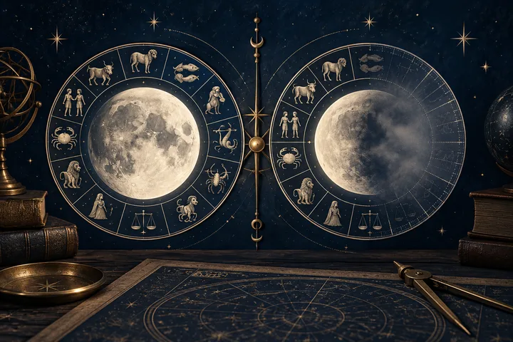 Two illustrative lunar zodiac wheels face one another on a midnight-blue astrology desk; one wheel has a fading degree scale to represent an unknown Moon degree.