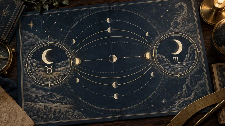 An illustrative Taurus Moon emblem and Scorpio Moon emblem are connected by several brass arcs showing possible positions, with only some approaching an opposition zone.