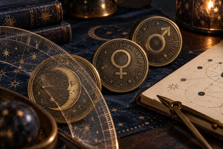 A close-up astrology worktable shows three illustrative brass Moon, Venus, and Mars medallions, with the Moon partly behind a measuring arc and a blank notebook nearby.