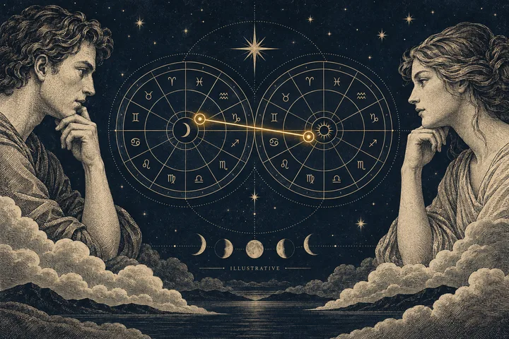 Engraved illustration of two people studying linked zodiac wheels beneath a starry sky, with a glowing line connecting the charts and the word illustrative below.