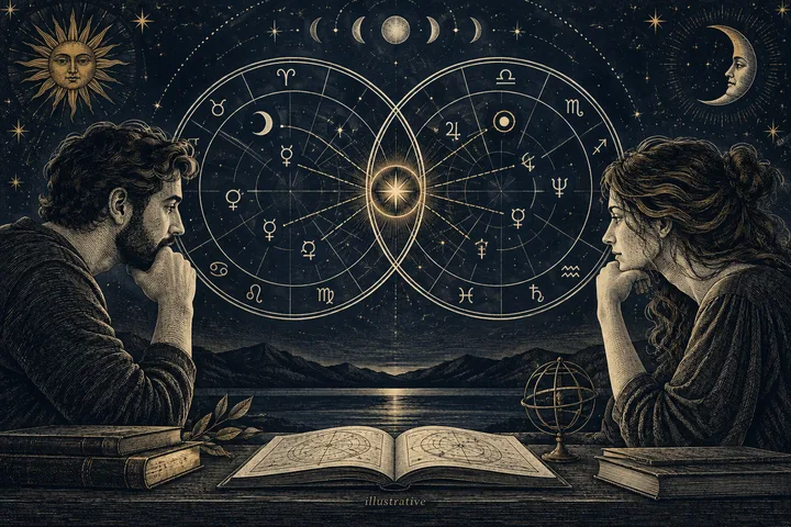 Engraved illustration of two people facing each other across an open astrology book, with overlapping zodiac circles, planetary symbols, a globe, and the word illustrative.