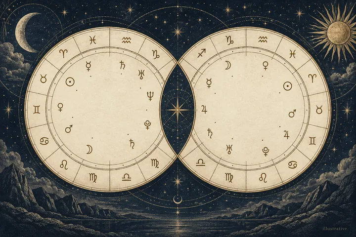 Illustrative midnight-blue synastry wheel showing two brass planet glyphs with an intentional empty arc where an expected aspect line would be.