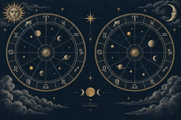 Illustrative brass-and-ivory zodiac wheel with planet symbols, degree marks, and curved guide lines.