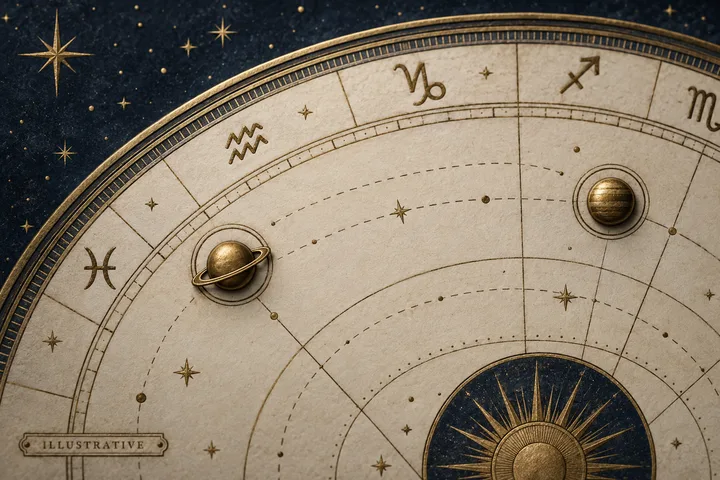 Illustrative close-up of a brass-and-ivory zodiac wheel with planet symbols and dotted guide lines.