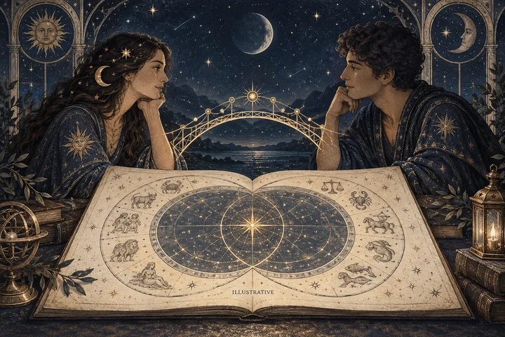 Illustrative synastry chart with two planetary paths meeting across a midnight-blue zodiac wheel, suggesting a shared reading rather than blame.