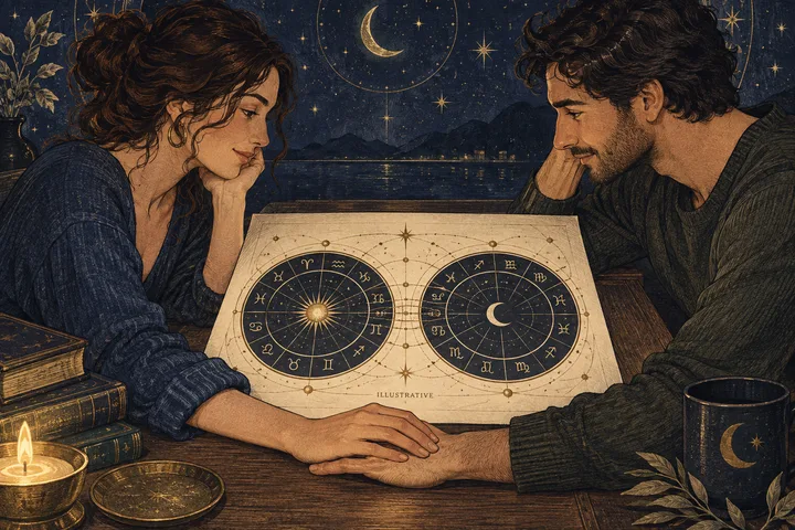 Illustrative Moon-Mars synastry diagram showing an emotional symbol meeting an action symbol across two chart rings.