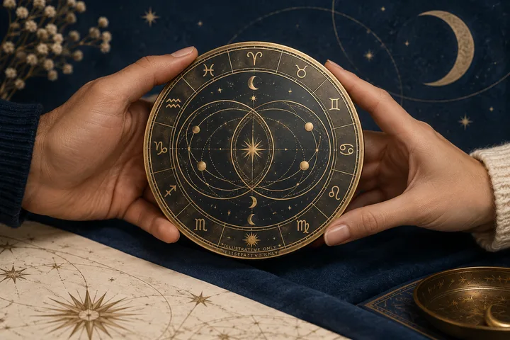 Illustrative synastry notes beside linked zodiac symbols, showing how a difficult contact can become a question for both partners.
