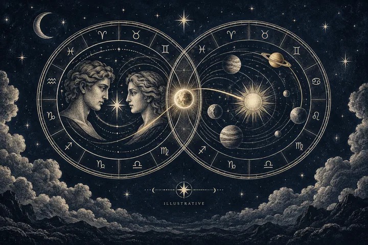 Two overlapping zodiac wheels show two classical profile figures on one side and the sun, moon, and planets on the other, against a starry sky.