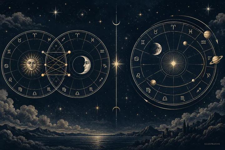 Two zodiac diagrams appear above a dark mountain-and-sea horizon: one pairs the sun and moon with connecting lines, and the other shows planets orbiting a central star.