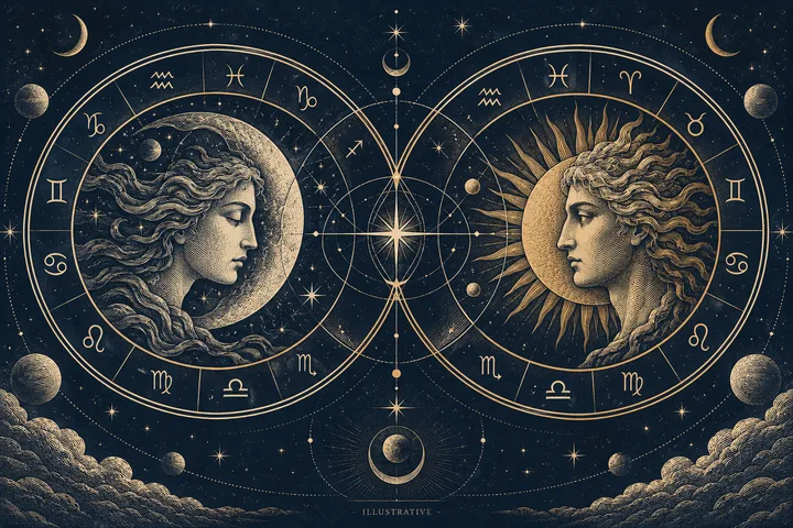 Two overlapping zodiac wheels contain profile faces surrounded by celestial symbols, with a star between them on a dark, starry background.