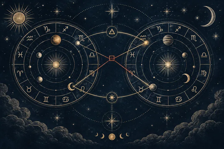 Two circular zodiac charts with planets and symbols are connected by intersecting lines, with a triangle and square marking points between them.