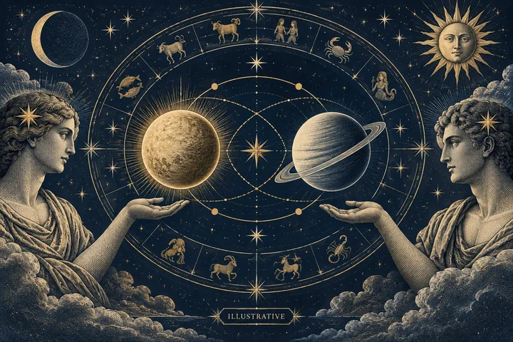 Two classical figures face each other across a circular star chart with two planets, zodiac symbols, a crescent moon, and a sun.