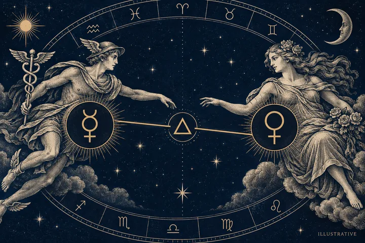 Two classical figures reach toward a central triangle connecting circular symbols, beneath a ring of zodiac signs.