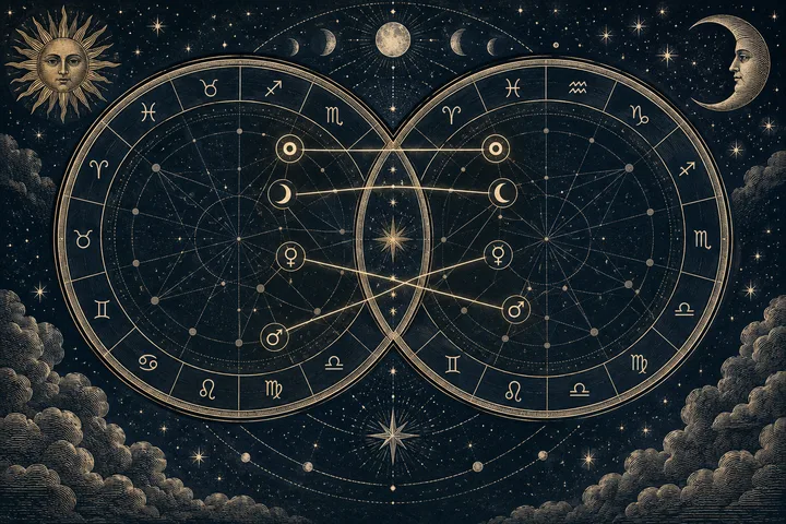 Two overlapping circular zodiac charts with gold planetary symbols and connecting lines against a starry midnight-blue sky, with a sun in the upper left and a crescent moon in the upper right.