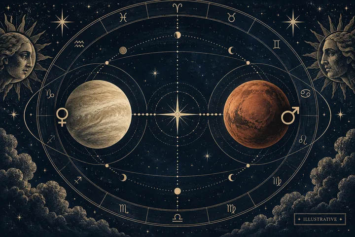 An engraved zodiac wheel surrounds two planets, marked with Venus and Mars symbols and linked by a dotted line through a central star. Sun faces, zodiac symbols, clouds and stars decorate the dark blue background.