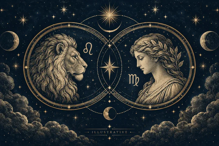 An engraved lion and a woman’s profile face each other inside overlapping gold circles, with stars, crescent moons, and small decorative symbols against a dark blue sky.