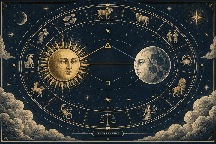 Engraved sun and moon face one another inside a zodiac wheel, linked by geometric lines and surrounded by stars.