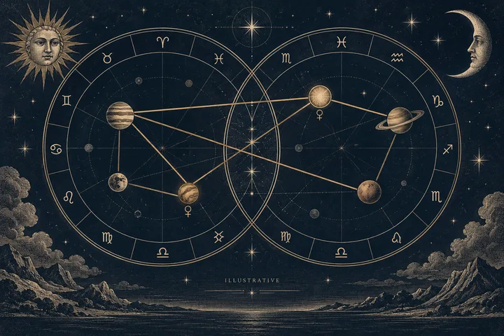 Two overlapping zodiac wheels show planets connected by lines, above a dark mountain and water landscape.