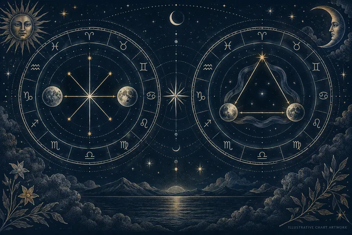Illustrative midnight-blue zodiac wheel with two brass relationship paths, one smooth trine and one open sextile