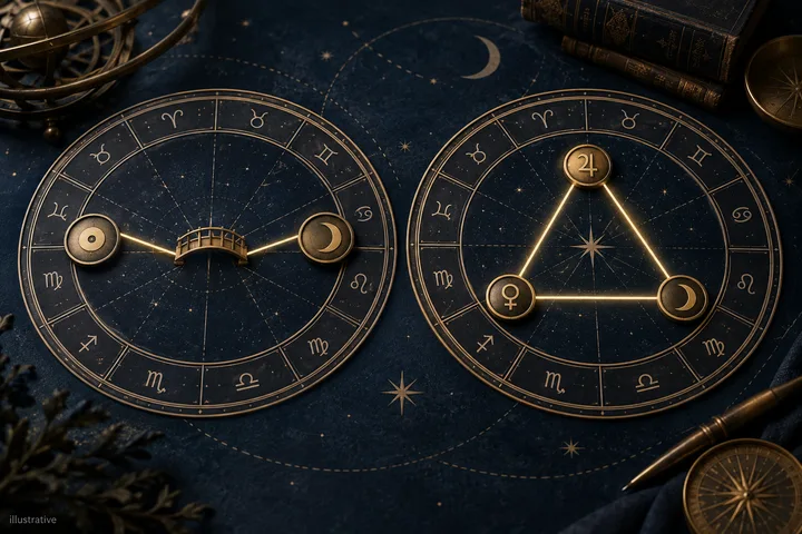 Illustrative Moon and Venus symbols linked across a star chart to show emotional care becoming a spoken invitation