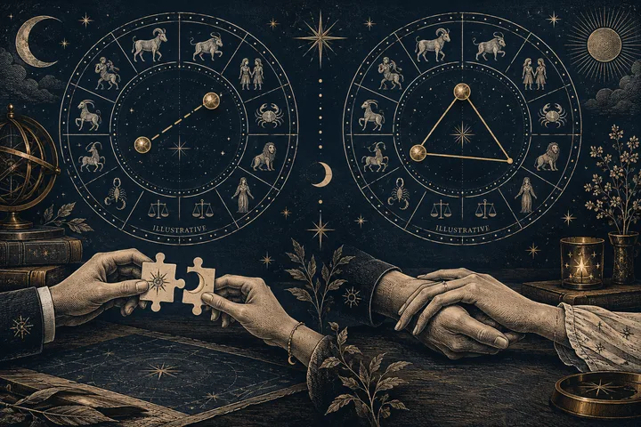 Illustrative synastry chart wheels above hands fitting two puzzle pieces together, showing cooperation and shared timing