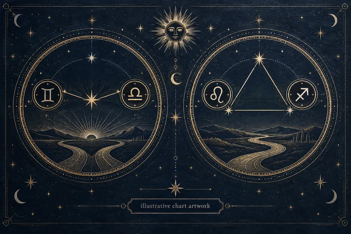 Illustrative synastry artwork with a line between Gemini and Libra symbols and a triangle linking Leo and Sagittarius symbols