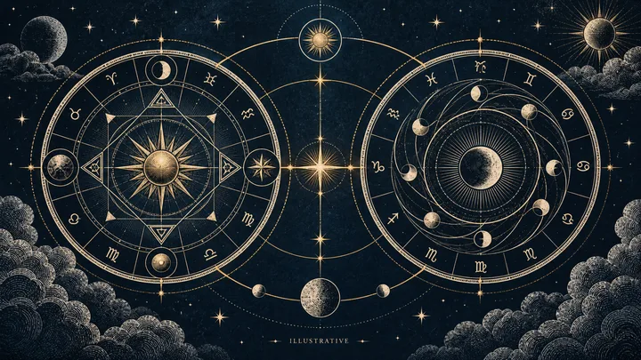 Two large circular celestial diagrams sit side by side against a starry dark-blue background, with stars, planets, clouds, and connecting lines between them.