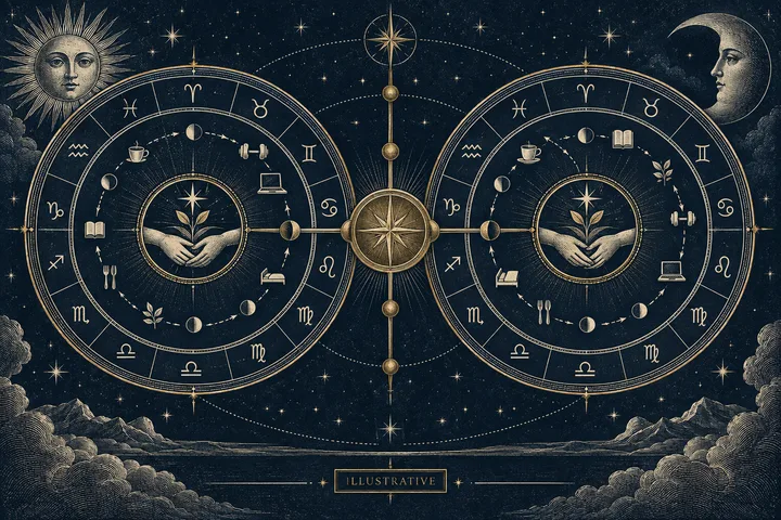 Two matching circular diagrams show hands holding a small plant, surrounded by moon phases and symbols including a cup, book, dumbbells, laptop, utensils, and leaves; a sun and crescent moon appear above.