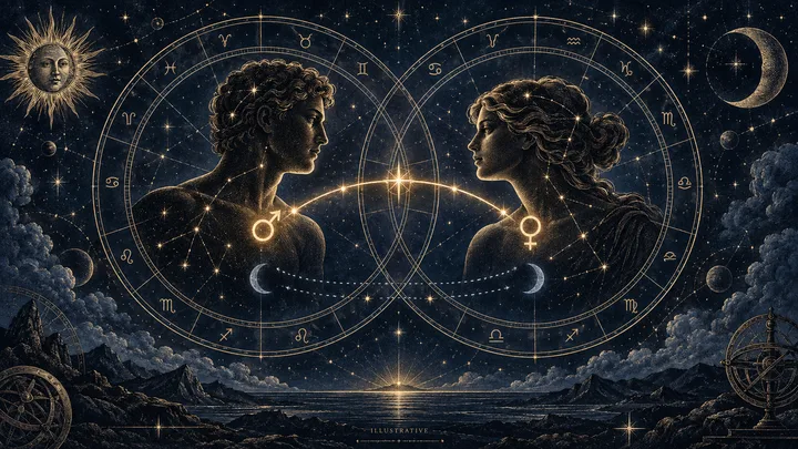 Editorial illustration accompanying: What conversation question fits a synastry chart with strong attraction but weak emotional contact?