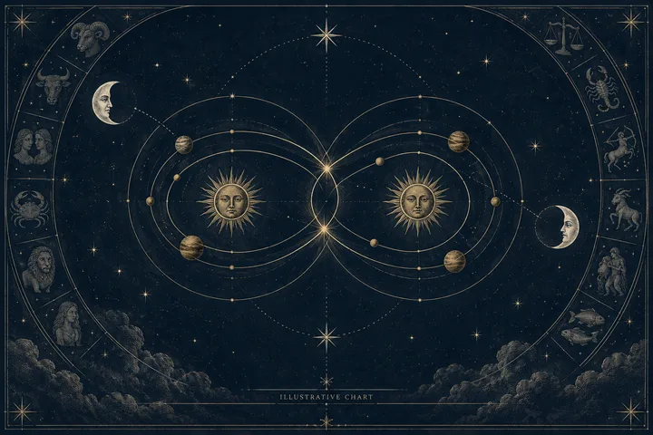 Editorial illustration accompanying: What conversation question fits a synastry chart with strong attraction but weak emotional contact?